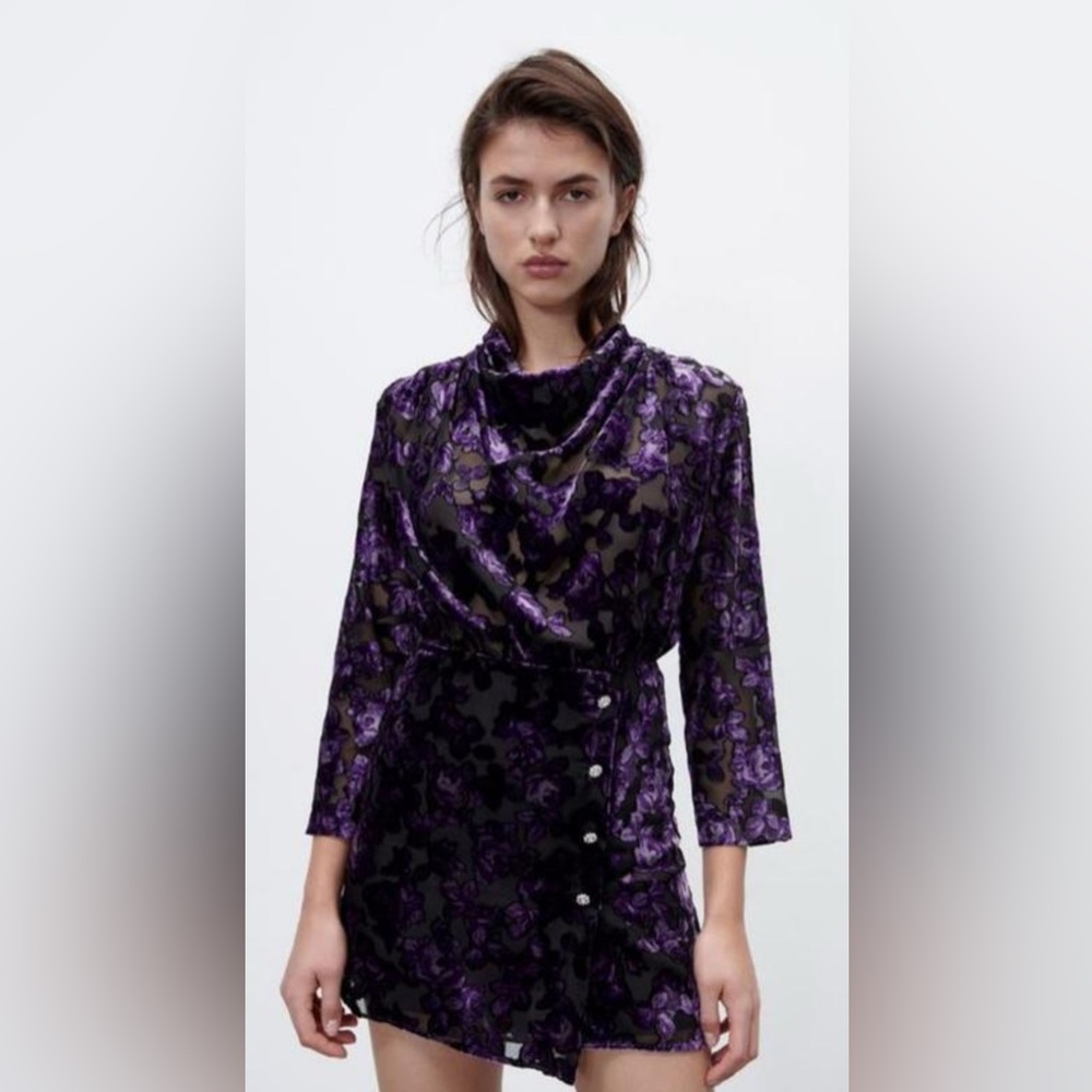 Zara Purple Floral Velvet Mini Dress